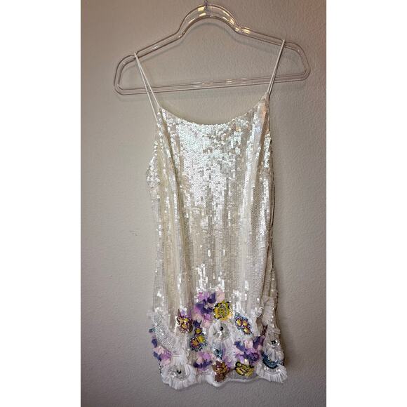 Mac Duggal Embellished Ruffled Floral Sequined Mini Shift Dress White Women's 4 - Picture 2 of 4